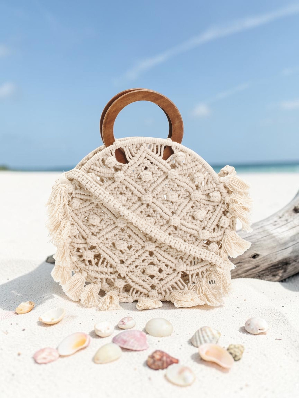 NEW Magid Bohemian Macrame Circle Bag with Wooden Handles & Shoulder Strap NWT - Picture 5 of 7